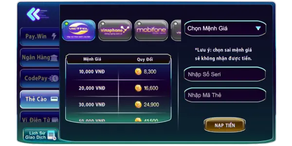 Nạp qua thẻ cào diện thoại Nạp qua thẻ cào diện thoại
